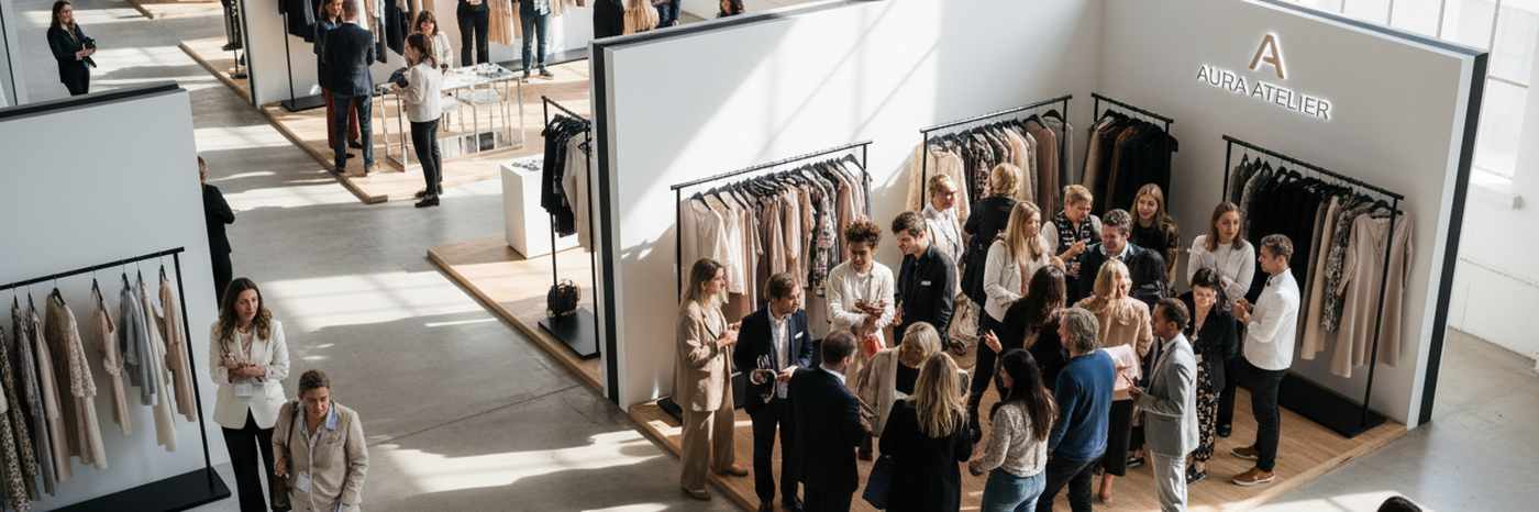 A trade fair hall with brand booths and buyers